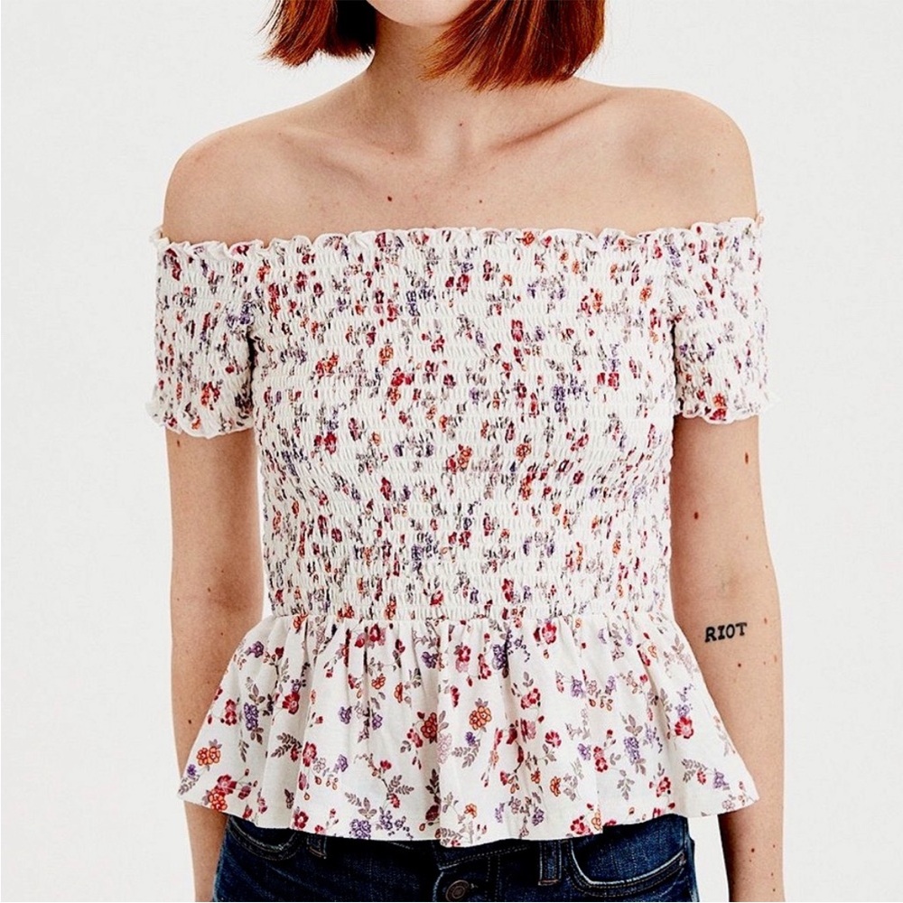 American Eagle Floral Smocked Off Shoulder Top